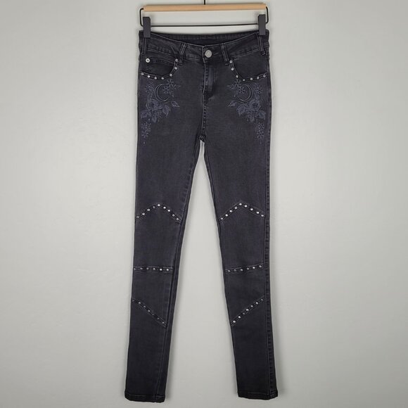 Killstar Anika Jeans Skinny Embroidered Moon Pentagram Studded Black Size XS - Picture 3 of 14